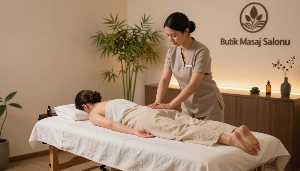 A serene spa environment showcasing professional massage therapy standards. In the foreground, a well-organized massage table is set up with fresh linens and soothing essential oils, exuding a sense of tranquility. In the middle ground, a licensed massage therapist in modest professional attire demonstrates a relaxing massage technique on a client, who is also dressed in comfortable, appropriate clothing. The setting is enhanced by soft, ambient lighting that creates a warm and inviting atmosphere, with natural elements like bamboo plants and calming stones in the background. The brand name "Butik Masaj Salonu" is subtly incorporated into the decor, highlighting the establishment's dedication to ethical practices in massage therapy. The overall mood conveys professionalism, relaxation, and wellness.