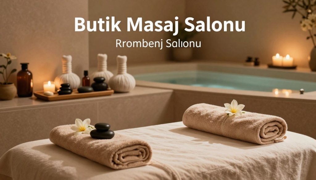 A serene spa setting showcasing "Butik Masaj Salonu" with a variety of massage therapy options. In the foreground, a beautifully arranged treatment table adorned with fresh flowers and soft towels, symbolizes relaxation. The middle layer features a selection of massage oils and stones, highlighting different techniques like aromatherapy, Swedish, and deep tissue. In the background, a calming water feature and soft ambient lighting create a tranquil atmosphere, essential for wellness. The image captures warm tones that evoke a sense of peace, accompanied by gentle shadows to illustrate depth. The composition should be balanced, with a focus on inviting textures and a soothing aesthetic, suitable for an article section on massage types and benefits.