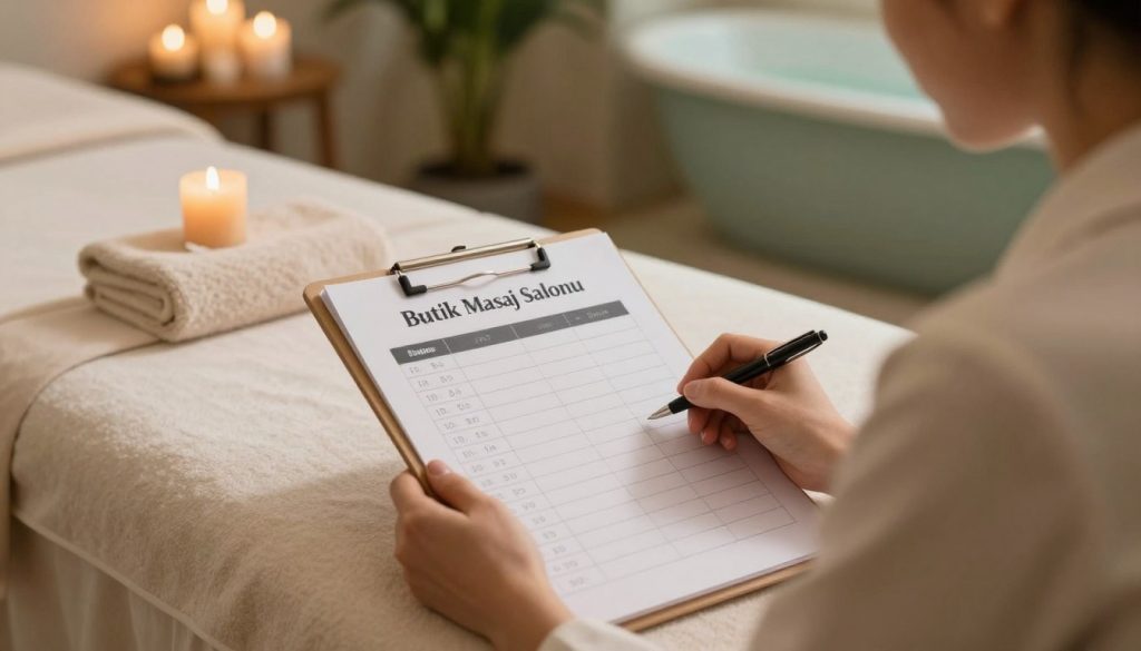 A serene spa setting with soft, warm lighting creating a tranquil atmosphere. In the foreground, a neatly arranged appointment scheduling board with the brand name "Butik Masaj Salonu" prominently displayed. Include a professional-looking individual in modest business attire consulting over the board, pen in hand, symbolizing the process of setting massage appointments. In the middle background, display calming elements such as a massage table adorned with fluffy towels and aromatherapy candles, suggesting relaxation and rejuvenation. The background should feature softly blurred greenery or tranquil water features, enhancing the peaceful ambiance. The overall mood is inviting and soothing, embodying the essence of spa culture and careful planning of appointment times to ensure a fulfilling experience.