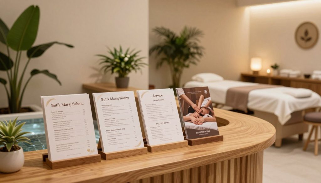 A serene wellness center interior, showcasing a beautifully arranged service menu of a massage salon named "Butik Masaj Salonu." In the foreground, an elegant wooden reception desk displays brochures detailing various massage services, such as Swedish, deep tissue, and aromatherapy. The middle ground features calming decor—lush indoor plants, soft ambient lighting, and a tranquil water feature. The background shows softly lit treatment rooms with massage tables, creating a peaceful atmosphere. The scene is warm and inviting, with a focus on clarity and detail, using natural lighting to enhance the soothing environment. Capture the essence of wellness and professional service in this tranquil setting.