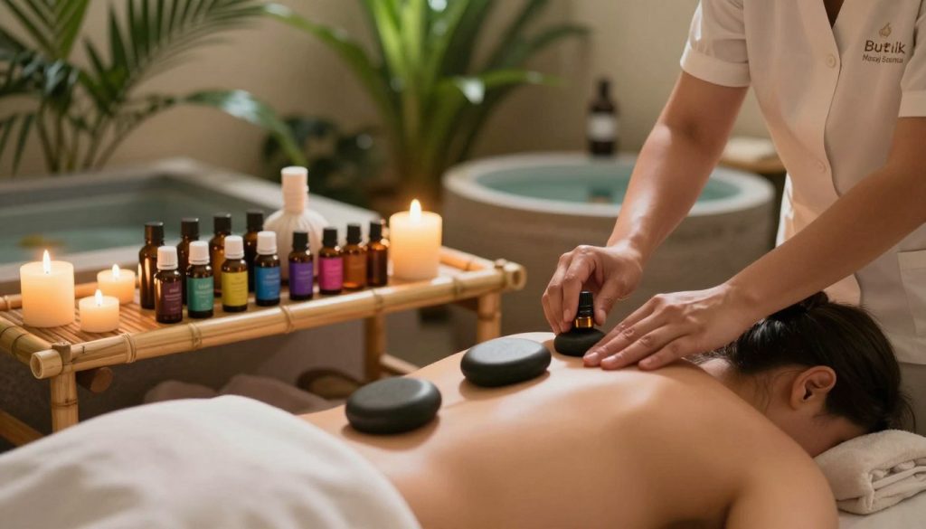 A serene wellness environment depicting aromatherapy and hot stone massage techniques, ideal for illustrating relaxing and rejuvenating massage types. In the foreground, a skilled therapist in professional attire gently applies essential oils to a client on a massage table, surrounded by warm, soothing candlelight that casts soft shadows. The middle ground shows an array of colorful essential oil bottles and smooth volcanic stones, elegantly placed on bamboo shelves that enhance the tranquility of the room. In the background, lush green plants and a calming water feature create a peaceful atmosphere. The lighting is warm and inviting, highlighting the textures of the oils and stones, with a gentle focus to convey a mood of relaxation and renewal. The branding "Butik Masaj Salonu" is subtly integrated into the setting, enhancing the professional ambiance without being intrusive.