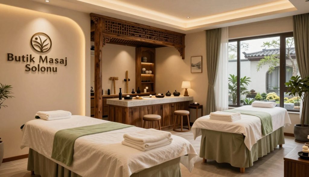 A spacious, elegant boutique massage salon contrasted with a traditional massage salon. In the foreground, the boutique salon features modern décor with soft spa lighting, stylish furniture, and calming colors like light beige and green, showcasing a massage table with fresh towels. The middle section displays a traditional salon with rustic wooden details, dim lighting, and vintage massage tools, perhaps a stone or a bamboo theme. The background blends elements of a serene outdoor view with gentle plants, enhancing the relaxation atmosphere. Light filters through large windows, creating a warm, inviting glow. The overall mood is tranquil and soothing, emphasizing the differences between the sophisticated, contemporary vibe of "Butik Masaj Salonu" and the cozy, nostalgic feel of traditional massage salons.