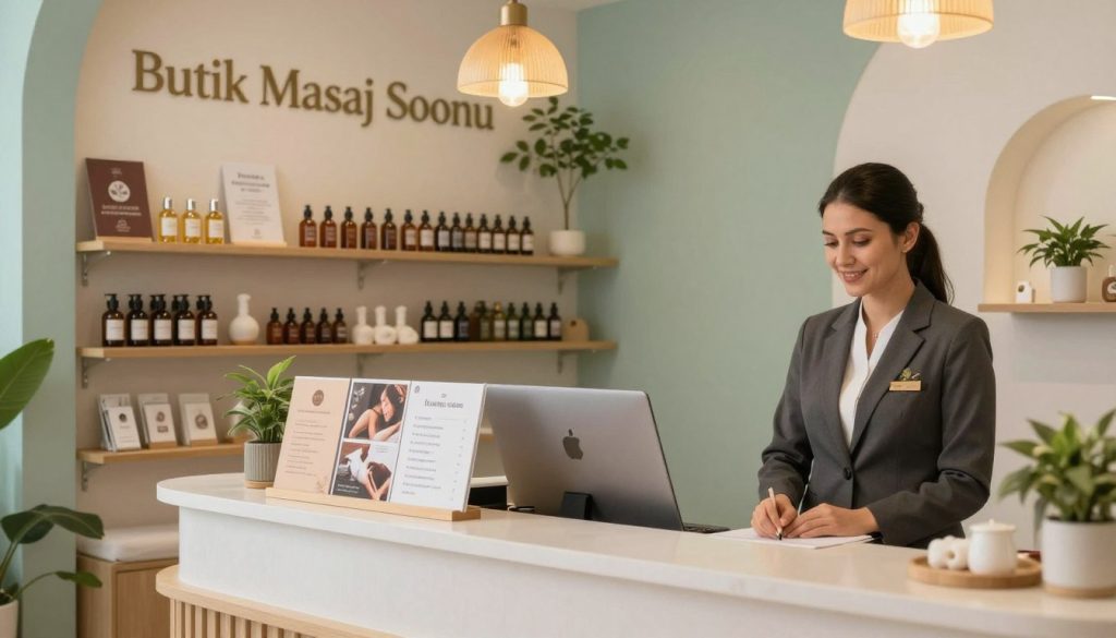A stylish and sophisticated massage salon reception area of "Butik Masaj Salonu," showcasing a variety of massage service options. In the foreground, a welcoming reception desk with a friendly staff member in smart business attire, ready to assist clients. The middle ground features elegant display shelves showcasing beautifully arranged massage oils, brochures, and service lists, emphasizing the diverse range of treatment offerings. The background showcases tranquil decor with calming colors, soft lighting from elegant pendant lamps, and soothing plants creating a serene atmosphere. The overall mood is one of relaxation and professionalism, inviting clients to explore the different services available for a rejuvenating experience. Soft focus and a warm color palette enhance the inviting ambiance.