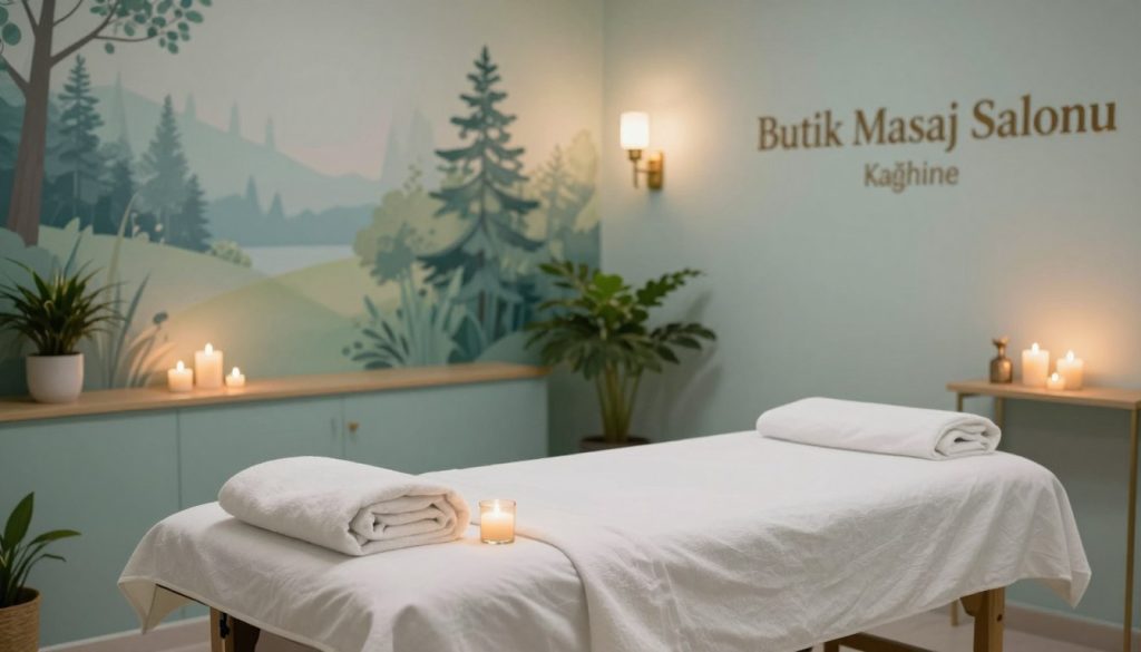 A tranquil interior view of the "Butik Masaj Salonu" in Kağıthane, showcasing a serene therapeutic massage center. In the foreground, a neatly arranged massage table draped with soft, clean linens, surrounded by delicate candles casting a warm glow. In the middle, a soothing color palette of light blues and greens enhances the calming atmosphere, accented by potted plants and minimalist decor. In the background, a mural of nature adds depth, complemented by soft lighting emanating from elegant fixtures. The scene captures a sense of relaxation and professionalism, with no people featured, allowing the space to evoke a peaceful, inviting ambiance suitable for massage therapy.