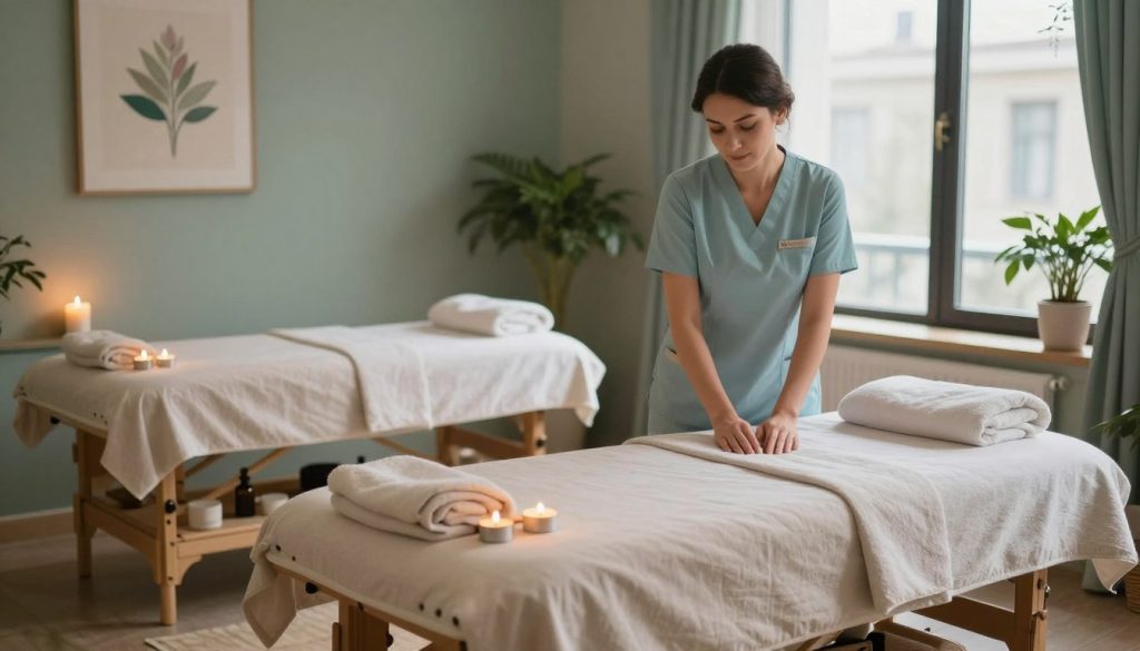 A tranquil spa and massage salon scene in Beşiktaş, showcasing a relaxing environment. In the foreground, a comfortable massage table with soft, neutral-toned linens is surrounded by aromatic candles and calming essential oils. The middle layer features a serene therapist in professional attire gently preparing the space, with soothing colors like light blues and greens dominating the décor. The background reveals a softly lit room with large windows allowing natural light to filter in, adorned with plants and artwork that evoke relaxation. The mood is peaceful and inviting, emphasizing wellness and serenity, perfect for a spa experience at "Butik Masaj Salonu". Use warm, soft lighting to enhance the calming atmosphere, captured at a slightly elevated angle to encompass the entire space.