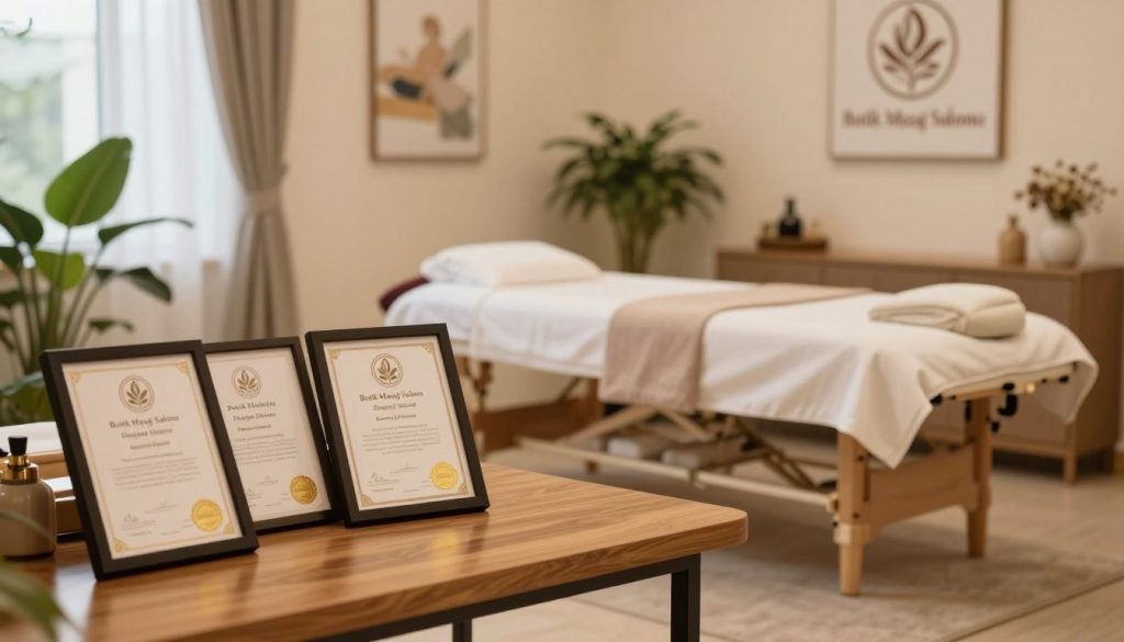 A tranquil spa environment showcasing a licensed massage therapy center's professional certifications. In the foreground, a sleek wooden table displays framed certificates with elegant gold seals, symbolizing professionalism. In the middle, soft, soothing lighting highlights a serene treatment area with a massage table adorned with fresh linens, creating an inviting atmosphere. The background features potted plants and calming artwork, enhancing the sense of relaxation and credibility. The ambiance is warm and peaceful, with gentle natural light filtering through the window. A logo for "Butik Masaj Salonu" subtly blends into the decor without being intrusive. The scene should evoke a sense of trust and professionalism, perfect for illustrating the importance of professional training in a massage salon.