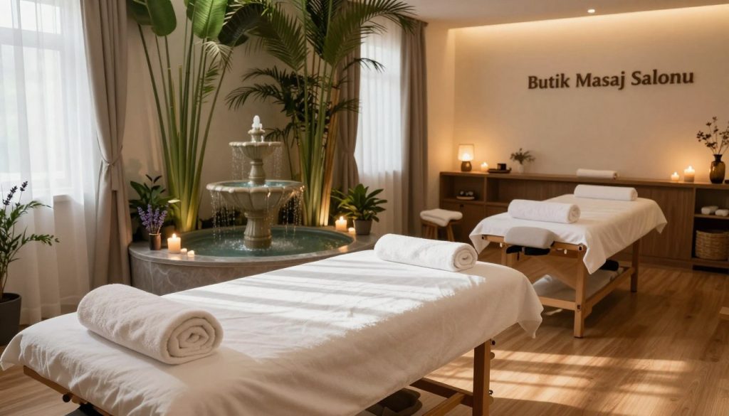 A tranquil spa massage center atmosphere at "Butik Masaj Salonu", showcasing a serene and hygienic environment. In the foreground, a clean massage table adorned with soft towels and aromatic candles. The middle ground features a soothing water fountain, surrounded by lush greenery and calming décor, like bamboo and lavender. In the background, softly lit treatment rooms create an inviting ambiance with warm, muted lighting that enhances relaxation. Natural light filters through sheer curtains, casting gentle shadows on the polished wooden floor. The overall mood is peaceful and rejuvenating, encouraging guests to unwind and destress. Ensure the space looks impeccably clean and well-organized, embodying the essence of wellness.