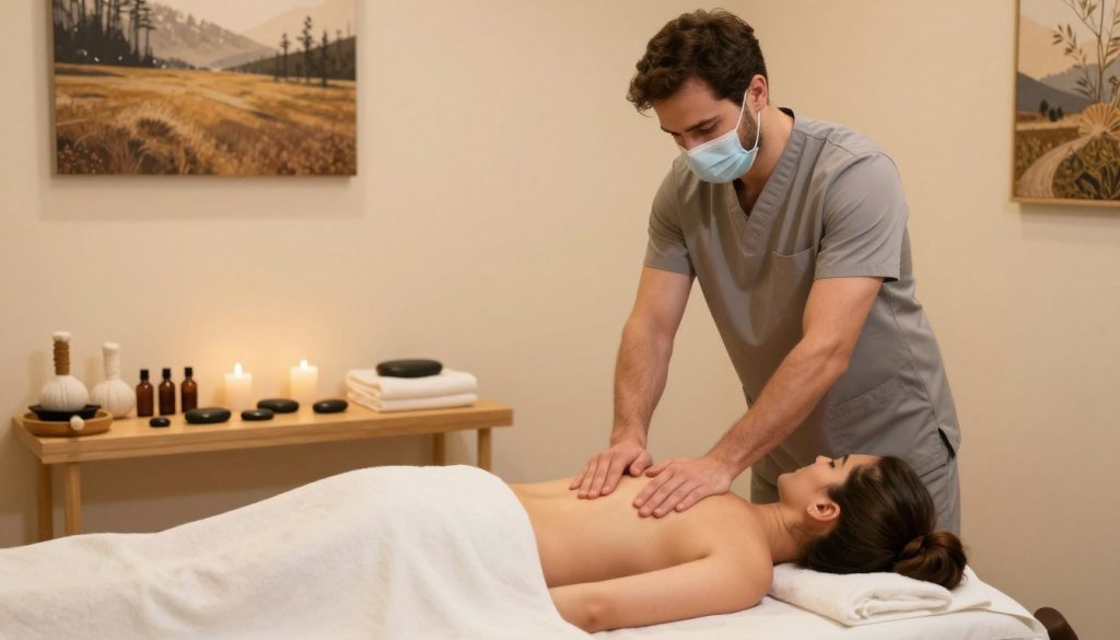 A tranquil therapy room featuring a professional massage setup focused on therapeutic techniques for pain management. In the foreground, a skilled therapist, dressed in smart casual attire, performs a gentle massage on a client comfortably lying on a massage table. They are surrounded by soft, warm lighting that creates a calming atmosphere. In the middle, various massage tools like essential oils, hot stones, and towels are neatly arranged, signifying the range of techniques used in pain management. The background includes soothing wall art depicting nature, enhancing the overall sense of serenity. The image embodies a professional and inviting vibe, reflecting the essence of "Butik Masaj Salonu" without any distractions or text overlays.