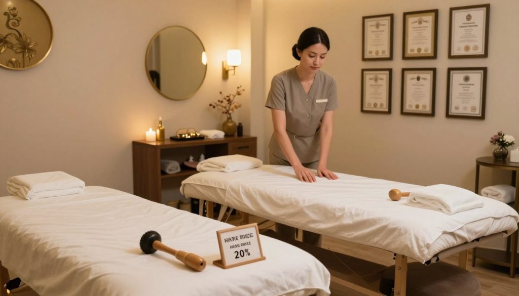A visually striking comparison of massage salon prices and quality balance. In the foreground, display two elegant massage tables, one with a price tag indicating a higher price and the other a lower price, both featuring high-quality massage tools. In the middle ground, depict a serene, inviting massage salon interior with warm, ambient lighting, featuring tasteful decor that suggests luxury. A professional therapist in modest casual clothing prepares the space, emphasizing a sense of relaxation and calm. The background showcases a wall adorned with framed certificates, indicating quality and expertise. The atmosphere should feel peaceful and sophisticated, inviting viewers to reflect on the relationship between price and quality in massage services. Include "Butik Masaj Salonu" subtly in the scene.