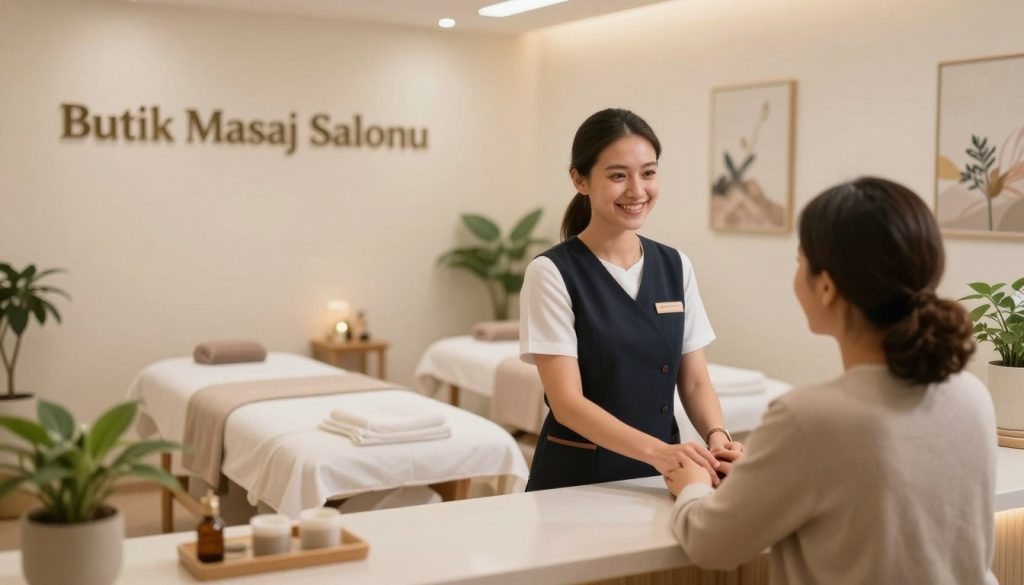 A well-lit, inviting interior of a professional massage salon called "Butik Masaj Salonu". The foreground features a cozy reception area with a friendly staff member wearing professional attire, interacting with a customer, both smiling warmly. In the middle ground, elegantly designed massage rooms with soft ambient lighting create a serene atmosphere, showcasing massage tables with fresh linens and calming decor. The background includes soothing elements like potted plants and serene art pieces on the walls, enhancing the tranquil ambiance. The scene captures a sense of relaxation and trust, emphasizing customer satisfaction and positive feedback in a clean, organized environment. Use a soft focus lens effect to give the image a warm, welcoming glow, conveying professionalism and comfort.