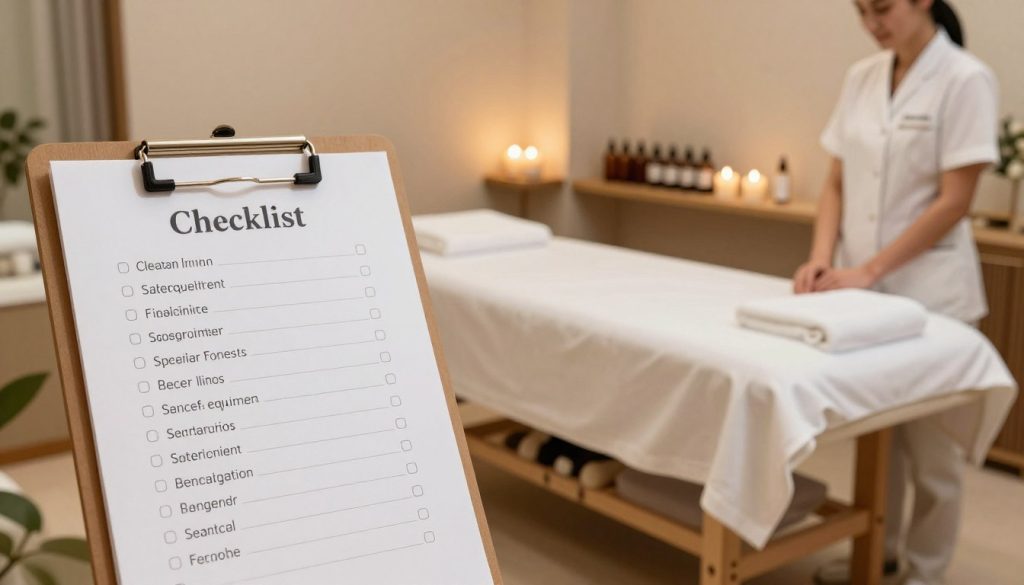 A well-organized massage salon checklist for hygiene features, set in a serene and professional environment. In the foreground, a neatly arranged checklist with bullet points highlighting important hygiene aspects like clean linens, sanitized equipment, and staff wearing professional attire. In the middle, a tranquil massage room with soft lighting, warm tones, and a massage table draped in pristine white sheets. In the background, shelves displaying neatly organized oils and candles, enhancing the atmosphere of tranquility and cleanliness. The overall mood should exude a sense of calm and professionalism, emphasizing the importance of hygiene in a massage salon setting. The brand name, "Butik Masaj Salonu," subtly included on the checklist design, ensuring it remains central to the image without being overpowering.
