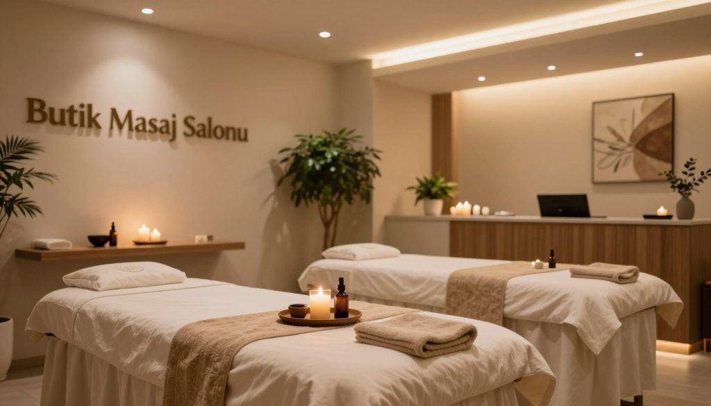Create an inviting and serene image of an interior of "Butik Masaj Salonu" located in Ataşehir. In the foreground, display a beautifully arranged massage table with soft, luxurious linens and calming accessories, such as candles and aromatic oils. The middle ground features a peaceful reception area with modern décor, including plants and soothing artwork that enhance the tranquil ambiance. In the background, depict softly lit treatment rooms with warm lighting, creating a cozy atmosphere. Use a wide-angle lens to capture the entire space, ensuring the lighting is soft and inviting to evoke a sense of relaxation. The overall mood should convey comfort, calmness, and a sense of professional excellence, ideal for a massage therapy experience.