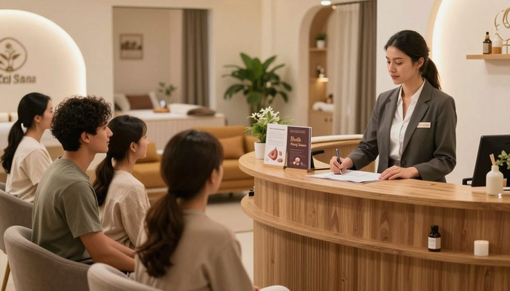 Inside a calming massage salon environment, a well-organized reception area featuring elegant wooden furniture and soft, ambient lighting. In the foreground, a professional looking female receptionist dressed in smart casual attire, warmly engaging with a diverse group of clients, each sharing their positive experiences about the salon. The middle ground showcases a beautifully arranged seating area with soothing colors, plants, and massage brochures prominently featuring the brand "Butik Masaj Salonu." In the background, softly lit treatment rooms are subtly visible, fostering a tranquil atmosphere. The scene conveys a sense of warmth, professionalism, and customer satisfaction, inviting viewers to appreciate the importance of customer feedback and experiences in planning massage appointments during busy hours.